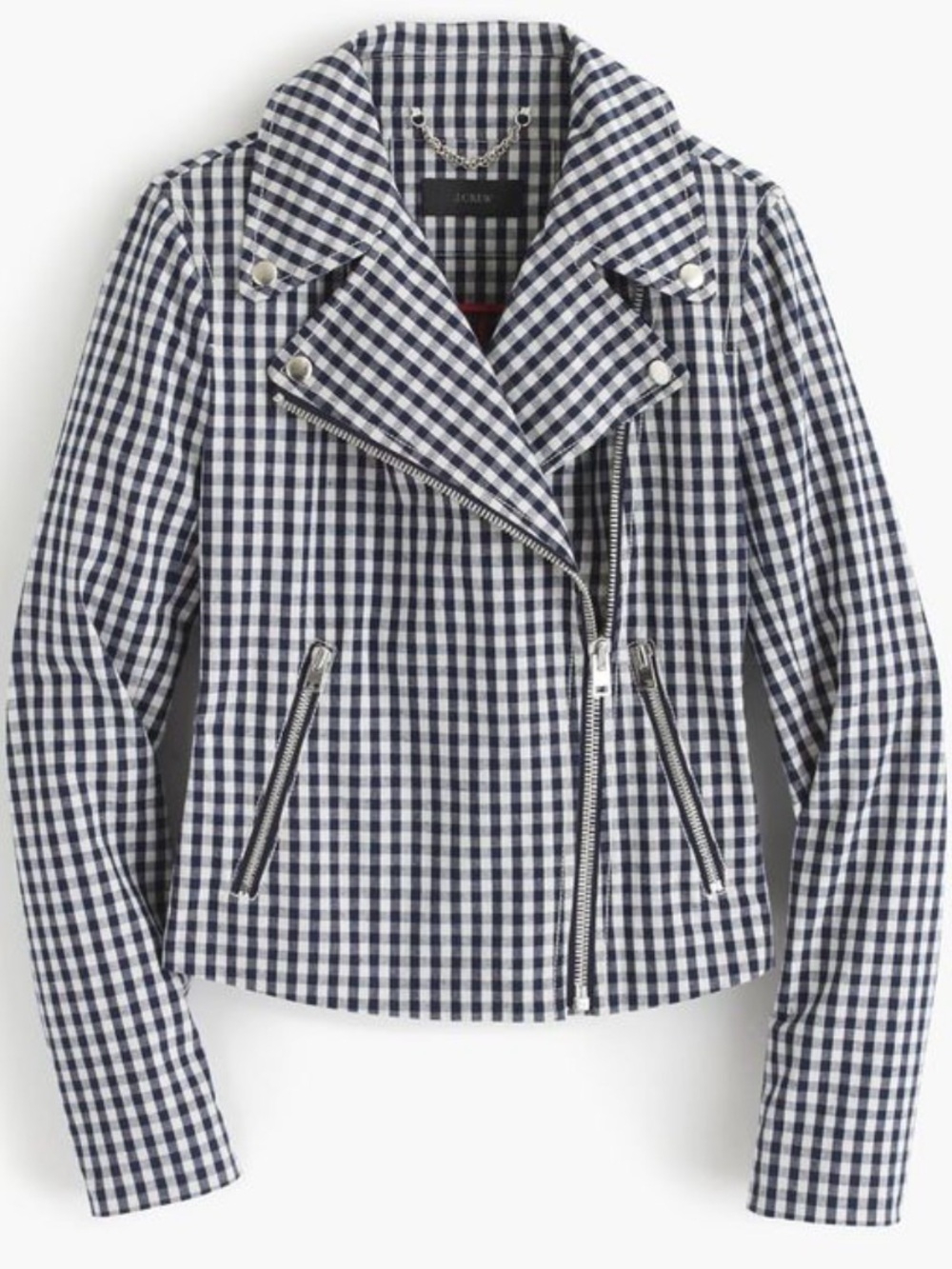 J.Crew Gingham Moto Jacket Size 6 NWT Navy White Check Biker Jacket